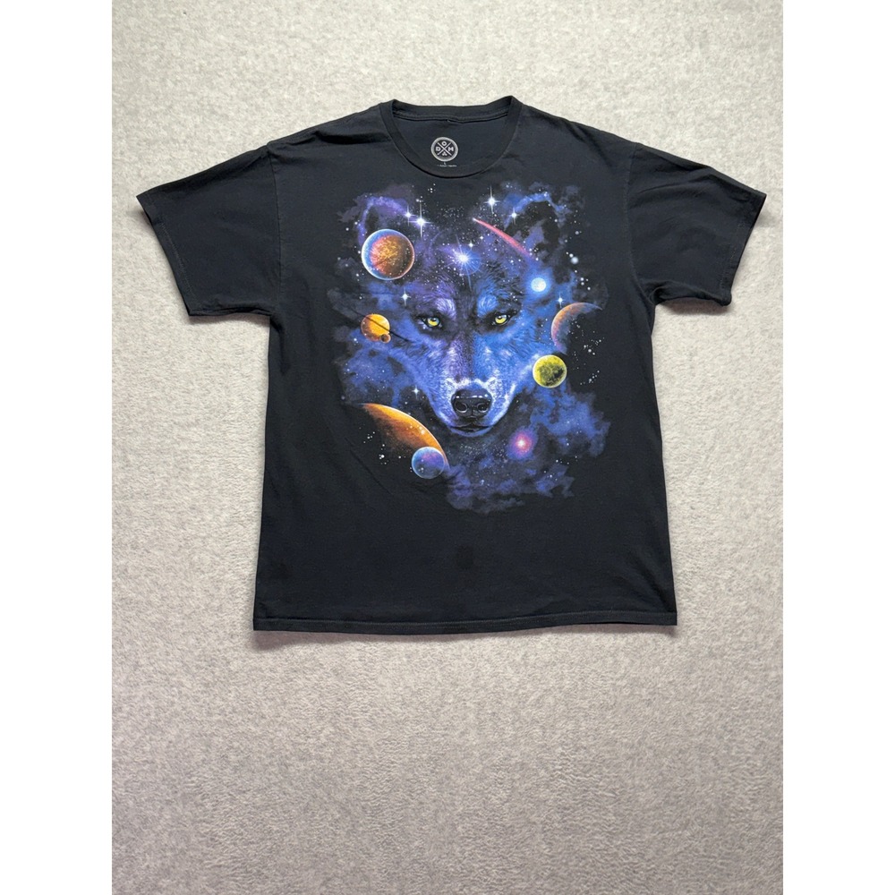 DXM Wolf Space Galaxy Planets Graphic T-Shirt Black Mens Large Cotton Tee